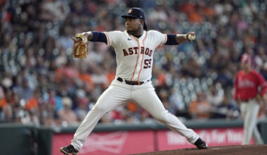 Houston Astros starting pitcher Framber Valdez throws against the Philadelphia Phillies during the first inning of a baseball game Wednesday, Oct. 5, 2022, in Houston.