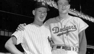Opposing pitchers Whitey Ford, New York Yankees, and Roger Craig, Brooklyn Dodgers, pose before third World Series game at Yankee Stadium in New York, Oct. 6, 1956. The Dodgers have won the first two games in the Series. Photo: AP