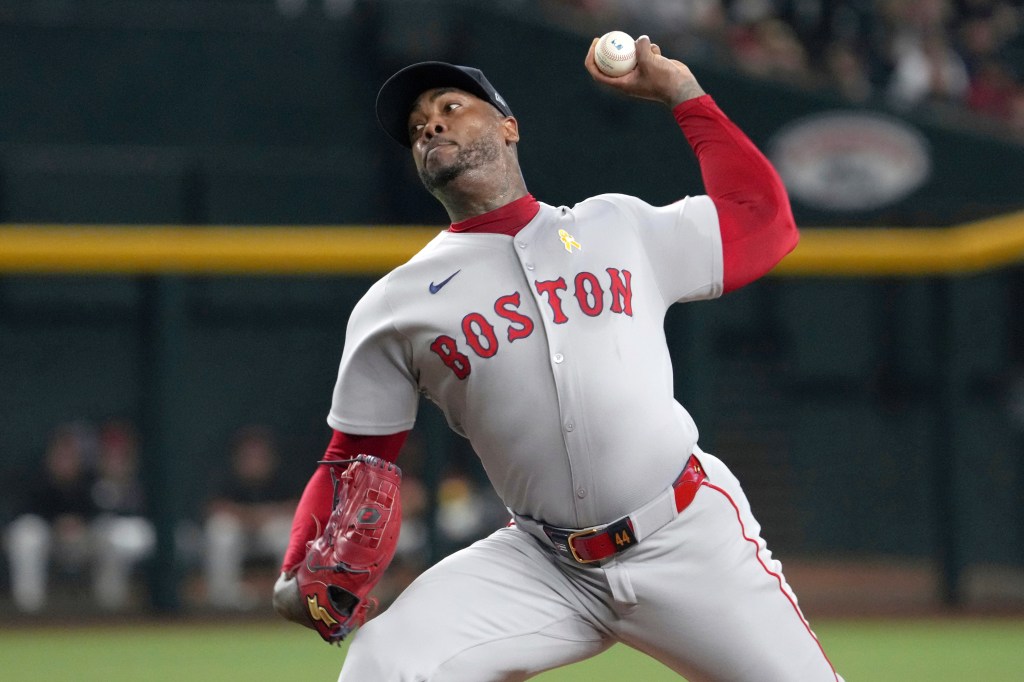 Boston Red Sox pitcher Aroldis Chapman (44) in the first inning of a baseball game against the Arizona Diamondbacks, Sunday, Sept 7, 2025, in Phoenix.