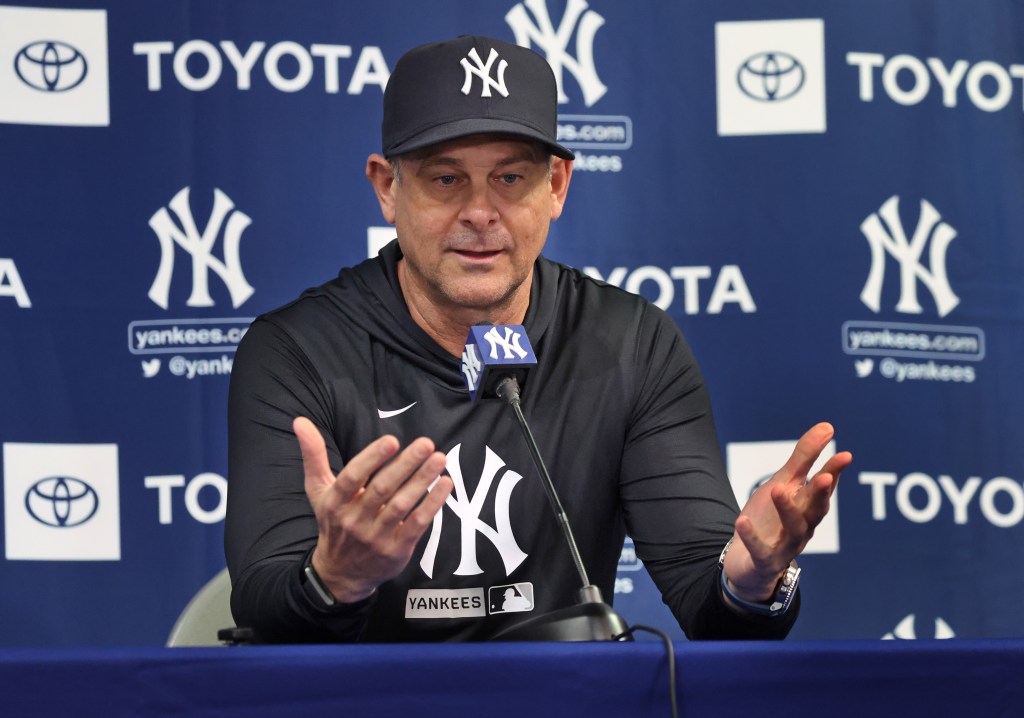 Yankees manager Aaron Boone talks to the media as pitchers and catchers report to spring training on Feb. 11, 2026.