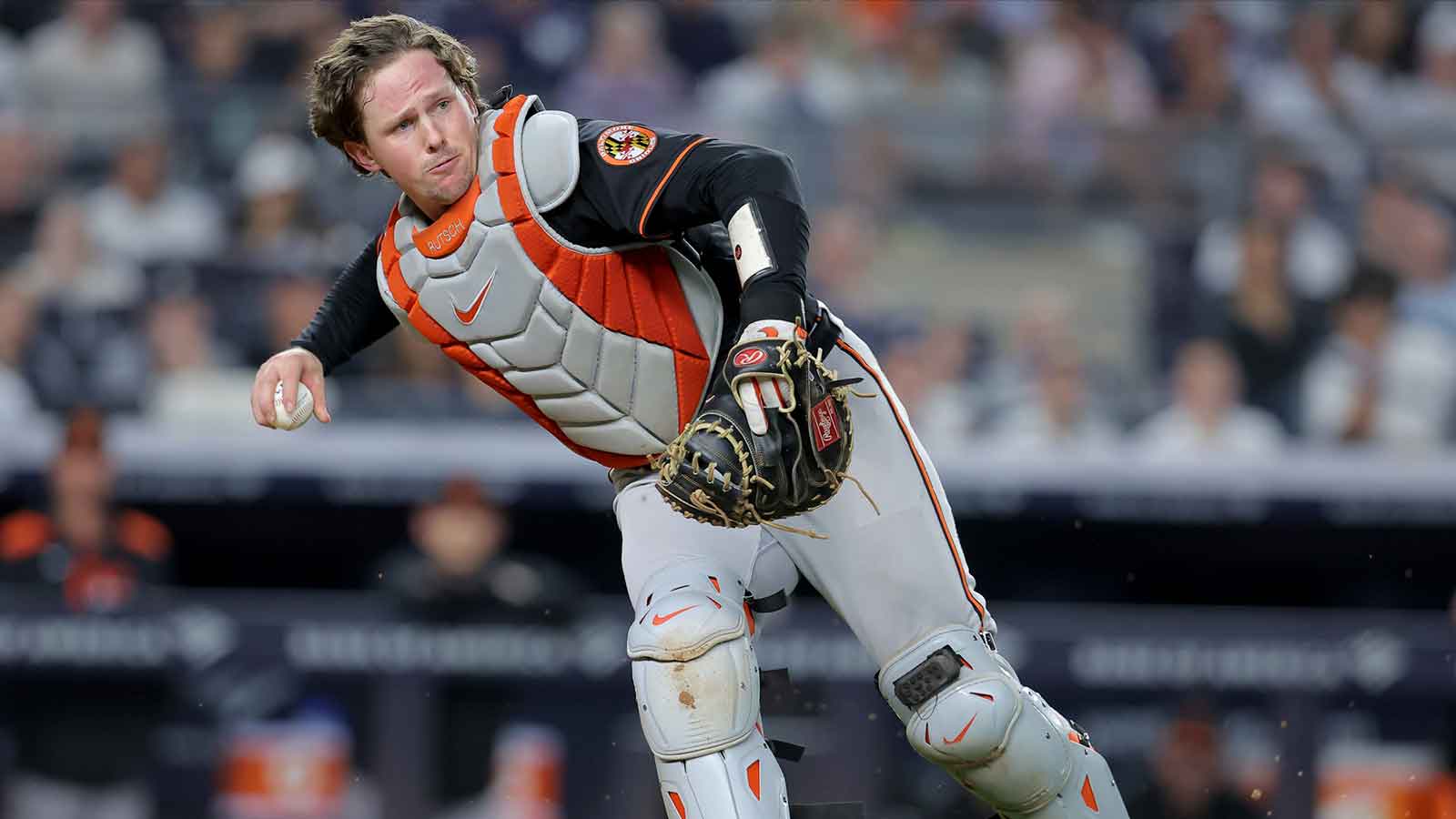 Baltimore Orioles catcher Adley Rutschman (35) throws out New York Yankees second baseman Jose Caballero (not pictured) on a ground ball during the sixth inning at Yankee Stadium. 