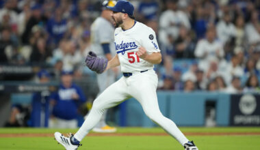 Los Angeles Dodgers pitcher Alex Vesia (51) reacts in the seventh inning against the Milwaukee Brewers during game four of the NLCS round for the 2025 MLB playoffs at Dodger Stadium.