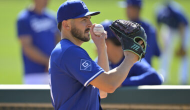 Feb 18, 2025; Glendale, AZ, USA; Los Angeles Dodgers relief pitcher Alex Vesia (51) throws in the bullpen during spring training workouts at Camelback Ranch. Mandatory Credit: Jayne Kamin-Oncea-Imagn Images