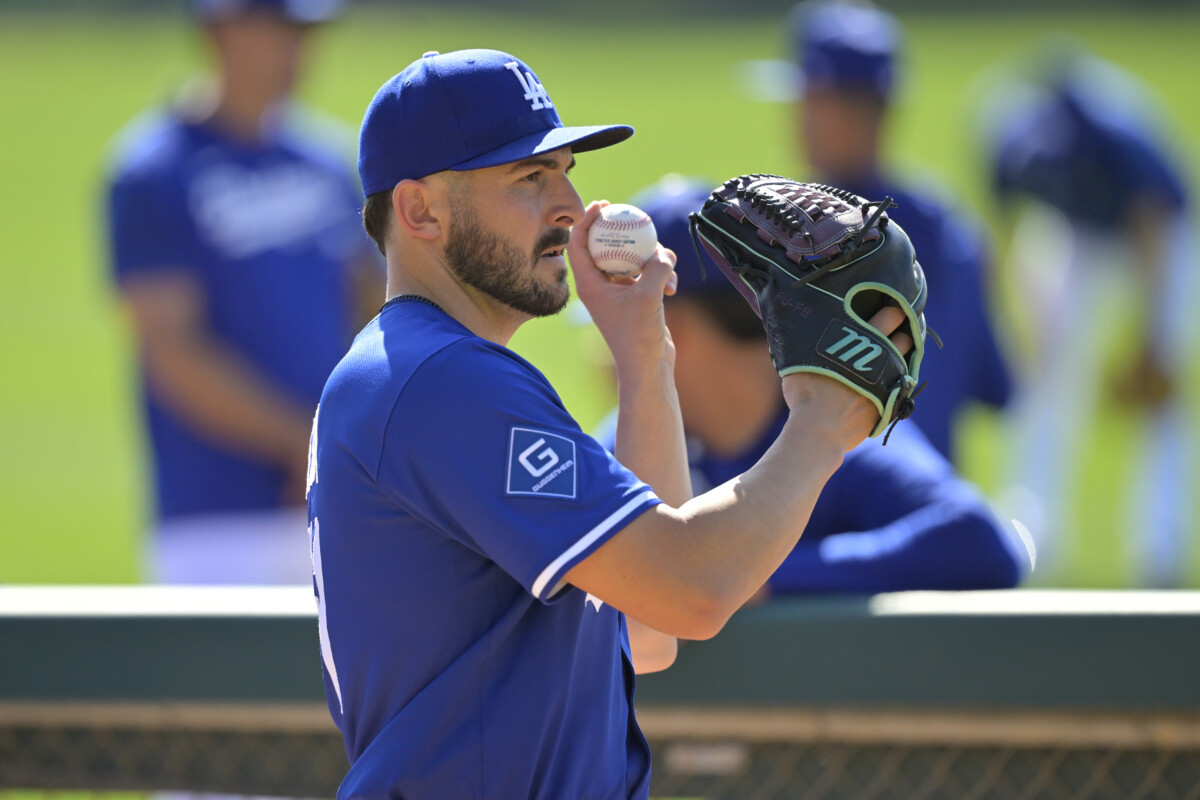 Feb 18, 2025; Glendale, AZ, USA; Los Angeles Dodgers relief pitcher Alex Vesia (51) throws in the bullpen during spring training workouts at Camelback Ranch. Mandatory Credit: Jayne Kamin-Oncea-Imagn Images