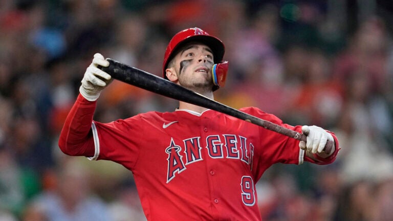 Los Angeles Angels' Zach Neto reacts after hitting a line out to Houston Astros shortstop Jeremy Peña during the eighth inning of a baseball game Monday, Sept. 1, 2025, in Houston.