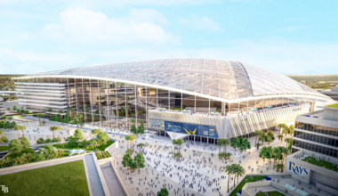 Exterior rendering of the proposed Tampa Bay Rays ballpark at Hillsborough College’s Dale Mabry campus in Tampa.