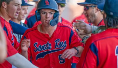 Sophomore Will Tokar is met with high fives in the dugout after a ground ball scored him in to get the Bear Cubs on the board against Cañada College on Friday, Feb. 6 at home.