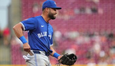 Toronto Blue Jays' Isiah Kiner-Falefa smiles between batters in the second inning of a baseball game against the Cincinnati Reds, Tuesday, Sept. 2, 2025, in Cincinnati.