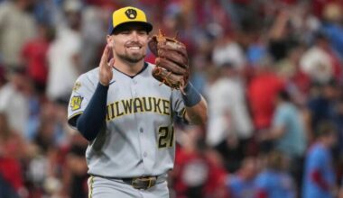 Milwaukee Brewers third baseman Caleb Durbin celebrates a victory over the St. Louis Cardinals following a baseball game Saturday, Sept. 20, 2025, in St. Louis.
