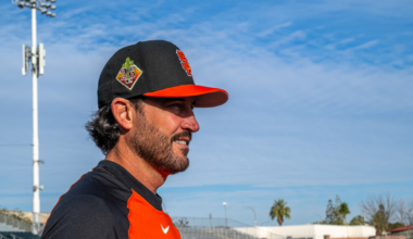 A man with a beard wearing a San Francisco Giants baseball cap and jersey stands on a baseball field under a partly cloudy sky.