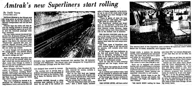 Amtrak's bilevel train car Superliner, which debuted in Chicago in early 1979, was named for the television series "Supertrain." (Chicago Tribune)