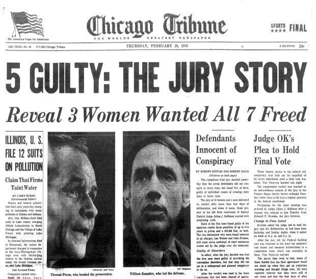 On Feb. 18, 1970, five of the Chicago Seven trial defendants were convicted of crossing state lines with intent to incite a riot. Two others were acquitted. But in subsequent proceedings, the judge's contempt charges were reversed, and all of the convictions for inciting riots were overturned. (Chicago Tribune)