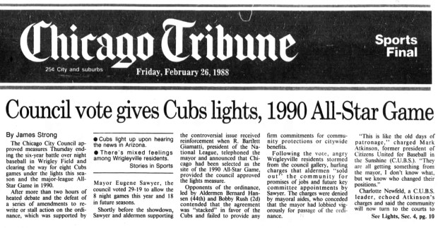 After a six-year debate, Chicago City Council approved on Feb. 25, 1988, night baseball at Wrigley Field. (Chicago Tribune)