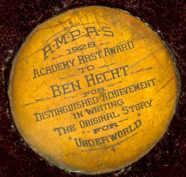The nameplate on Ben Hecht's Academy Award for "Underworld" (1927), located at the base of the statuette. Along with many other Hecht artifacts, the award is housed in the Newberry Library archives. (Newberry Library)