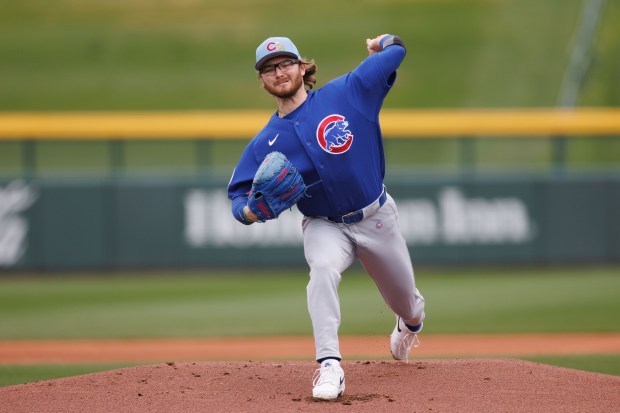 Cubs reliever Riley Martin delivers during live batting practice at spring training on Feb. 18, 2026, at Sloan Park in Mesa, Ariz. (Armando L. Sanchez/Chicago Tribune)