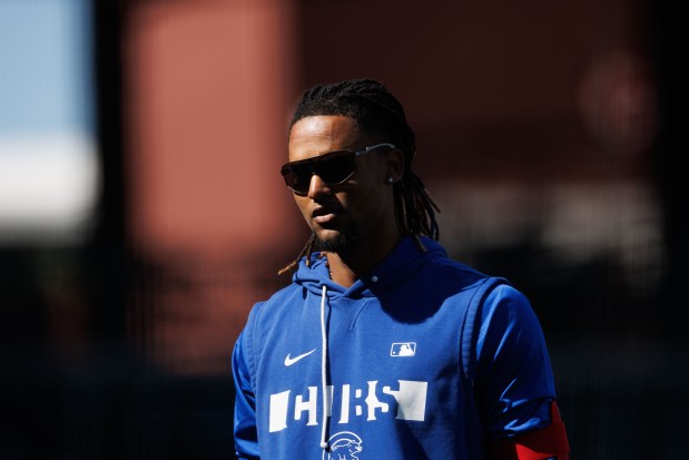 Cubs outfielder Kevin Alcántara walks on the field during live batting practice at spring training on Feb. 19, 2026, at Sloan Park in Mesa, Ariz. (Armando L. Sanchez/Chicago Tribune)