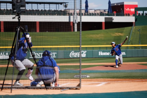 Cubs starter Shota Imanaga delivers against Seiya Suzuki during live batting practice at spring training at Sloan Park on Feb. 19, 2026, in Mesa, Ariz. (Armando L. Sanchez/Chicago Tribune)
