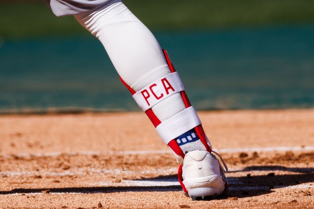 Cubs center fielder Pete Crow-Armstrong stands at the plate during live batting practice at spring training at Sloan Park on Feb. 19, 2026, in Mesa, Ariz. (Armando L. Sanchez/Chicago Tribune)