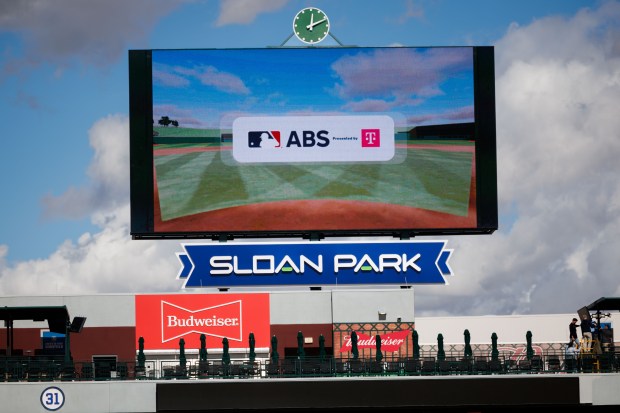 The Automated Ball-Strike system is displayed on a screen behind the outfield during Cubs spring training at Sloan Park on Tuesday, Feb. 17, 2026, in Mesa, Ariz. (Armando L. Sanchez/Chicago Tribune)