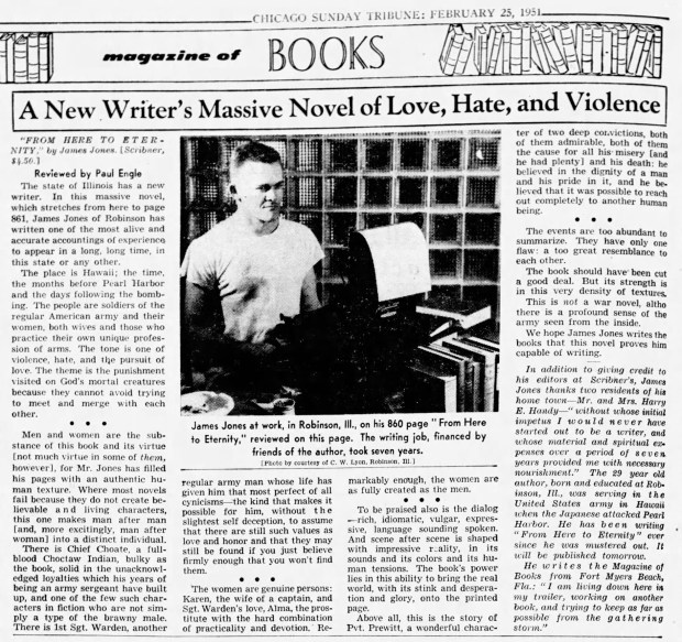 The Tribune described James Jones' "massive" 861-page novel "From Here to Eternity" as having "an authentic human texture" when it was released on Feb. 26, 1951. (Chicago Tribune)