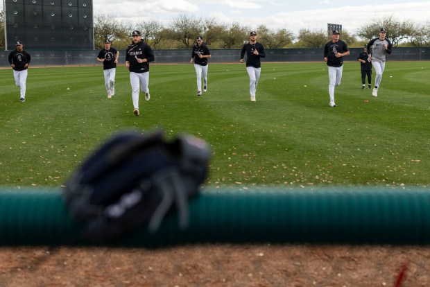 White Sox pitchers warm up during spring training at Camelback Ranch on Feb. 18, 2026, in Glendale, Ariz. (Eileen T. Meslar/Chicago Tribune)