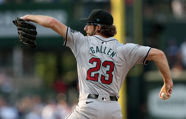 Diamondbacks starter Zac Gallen delivers against the Cubs on July 20, 2024, at Wrigley Field. (Chris Sweda/Chicago Tribune)