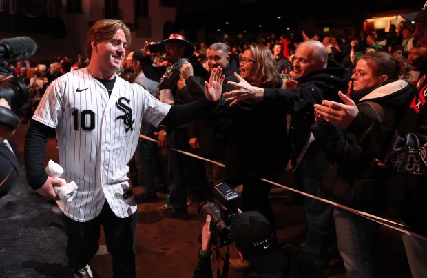 Chicago White Sox infielder Chase Meidroth (10) is introduced during SoxFest at the Ramova Theatre in Chicago's Bridgeport neighborhood on Friday, Jan. 30, 2026. (Chris Sweda/Chicago Tribune)