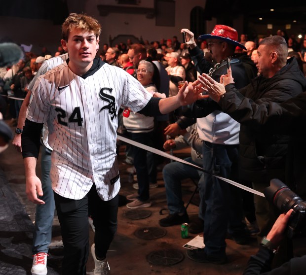 Chicago White Sox prospect Sam Antonacci (24) is introduced during SoxFest at the Ramova Theatre in Chicago's Bridgeport neighborhood on Friday, Jan. 30, 2026. (Chris Sweda/Chicago Tribune)