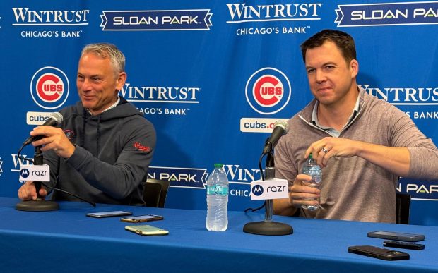 Cubs President Jed Hoyer, left, and general manager Carter Hawkins address the media at a news conference on the first day of spring training Wednesday, Feb. 11, 2026, in Mesa, Ariz. (Meghan Montemurro/Chicago Tribune)