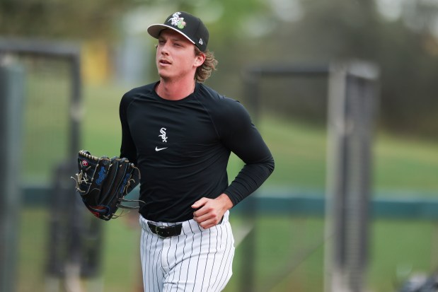 White Sox pitcher Ryan Borucki, a nonroster invitee, runs a drill during spring training at Camelback Ranch on Monday, Feb. 16, 2026, in Glendale, Ariz. (Eileen T. Meslar/Chicago Tribune)