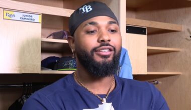 Junior Caminero talks to the media after a Rays Spring Training practice at Charlottte Sports Park. (Spectrum Sports 360/Michael Epps)