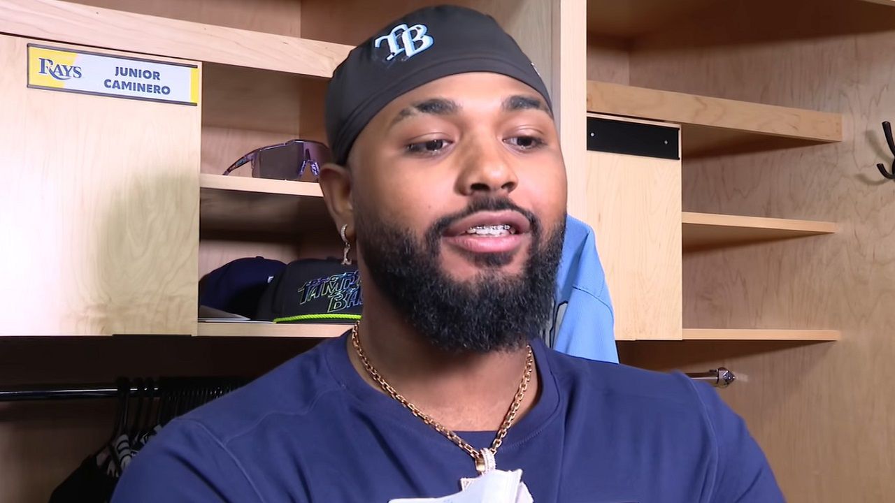 Junior Caminero talks to the media after a Rays Spring Training practice at Charlottte Sports Park. (Spectrum Sports 360/Michael Epps)