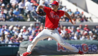 Former Philadelphia Phillies pitcher Cole Irvin pitching in 2020 spring training.