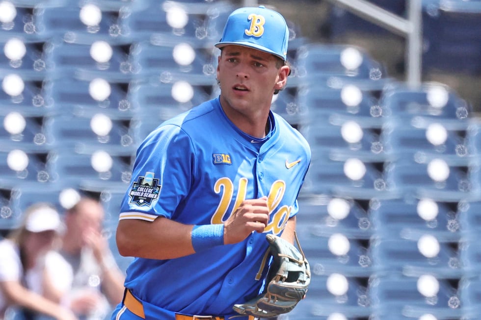 FILE - UCLA infielder Roch Cholowsky (1) during an NCAA College World Series baseball game,...