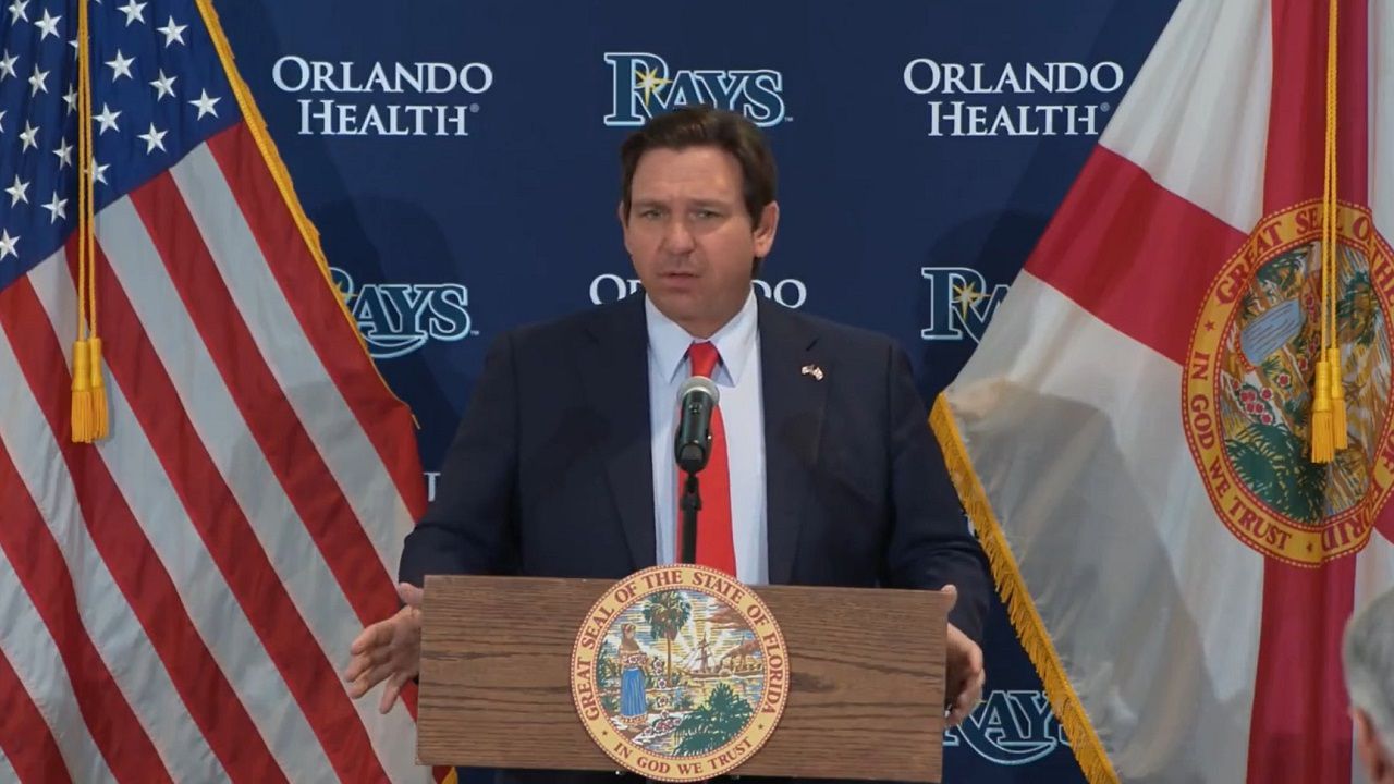 Gov. Ron DeSantis speaks at Hillsborough College on Tuesday about plans for a Tampa Bay Rays stadium and surrounding entertainment district. (Spectrum News image)