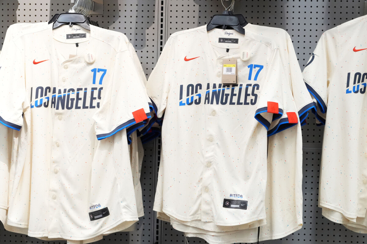 Los Angeles Dodgers Nike City Connect jerseys of Los Angeles Dodgers designated hitter Shohei Ohtani (17) at Dick