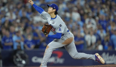 Los Angeles Dodgers two-way player Shohei Ohtani (17) pitches against the Toronto Blue Jays in the second inning during game seven of the 2025 MLB World Series at Rogers Centre.