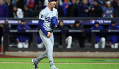Los Angeles Dodgers pitcher Walker Buehler (21) reacts after an out against the New York Mets in the second inning during game three of the NLCS for the 2024 MLB playoffs at Citi Field.