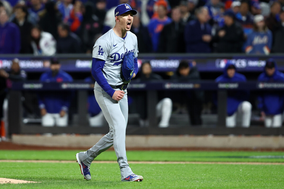Los Angeles Dodgers pitcher Walker Buehler (21) reacts after an out against the New York Mets in the second inning during game three of the NLCS for the 2024 MLB playoffs at Citi Field.