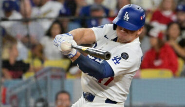 Los Angeles Dodgers catcher Ben Rortvedt (47) hits a double against the Cincinnati Reds in the third inning during game two of the Wildcard round for the 2025 MLB playoffs at Dodger Stadium.