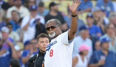 Los Angeles Dodgers legend Reggie Smith throwing the ceremonial first pitch during the 2024 postseason.
