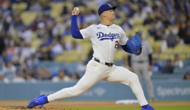 Los Angeles Dodgers relief pitcher Bobby Miller with the team in 2025.