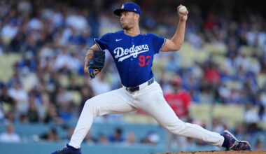 Los Angeles Dodgers pitcher Jackson Ferris (93) throws in the first inning against the Los Angeles Angels at Dodger Stadium.