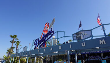 Apr 29, 2025; Los Angeles, California, USA; The Los Angeles Dodgers logo in the outfield pavilion at Dodger Stadium. Mandatory Credit: Kirby Lee-Imagn Images