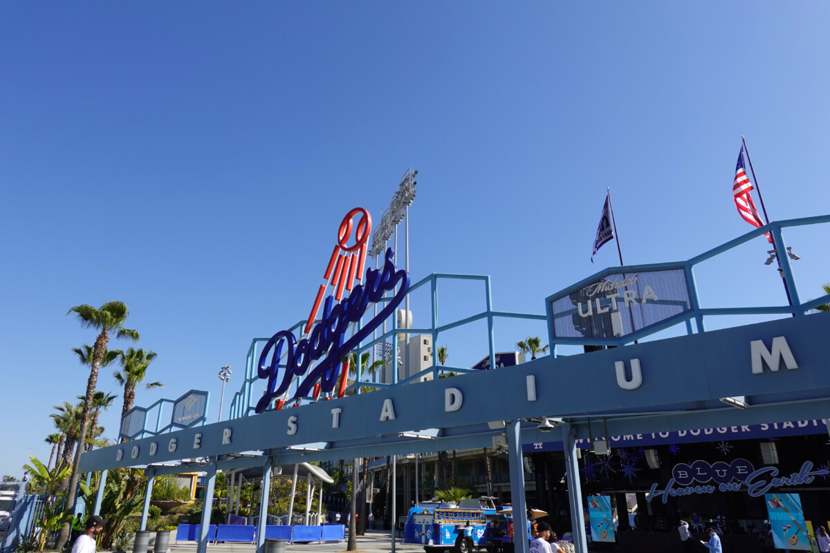 Apr 29, 2025; Los Angeles, California, USA; The Los Angeles Dodgers logo in the outfield pavilion at Dodger Stadium. Mandatory Credit: Kirby Lee-Imagn Images