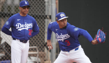 Los Angeles Dodgers pitcher Edwin Diaz (3) throws in the bullpen during spring training camp.