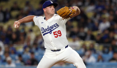 Los Angeles Dodgers relief pitcher Evan Phillips (59) pitches during the ninth inning against the Colorado Rockies at Dodger Stadium.