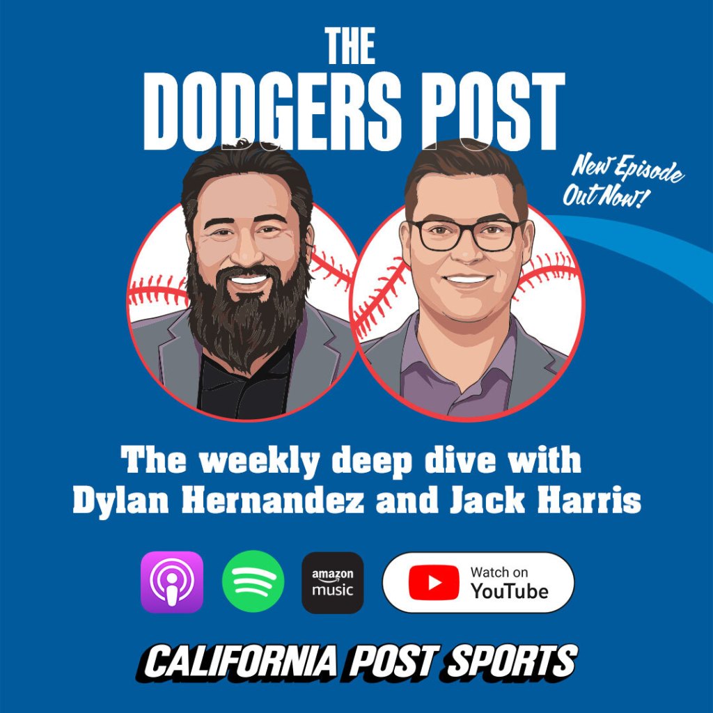 Illustration for "The Dodgers Post" podcast, featuring illustrated portraits of Dylan Hernandez and Jack Harris, and logos for listening platforms.