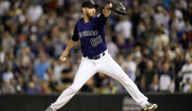 Former Los Angeles Dodgers relief pitcher John Axford with the Colorado Rockies in 2015.