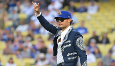 Former Los Angeles Dodgers relief pitcher Joe Kelly throwing the ceremonial first pitch in 2025.